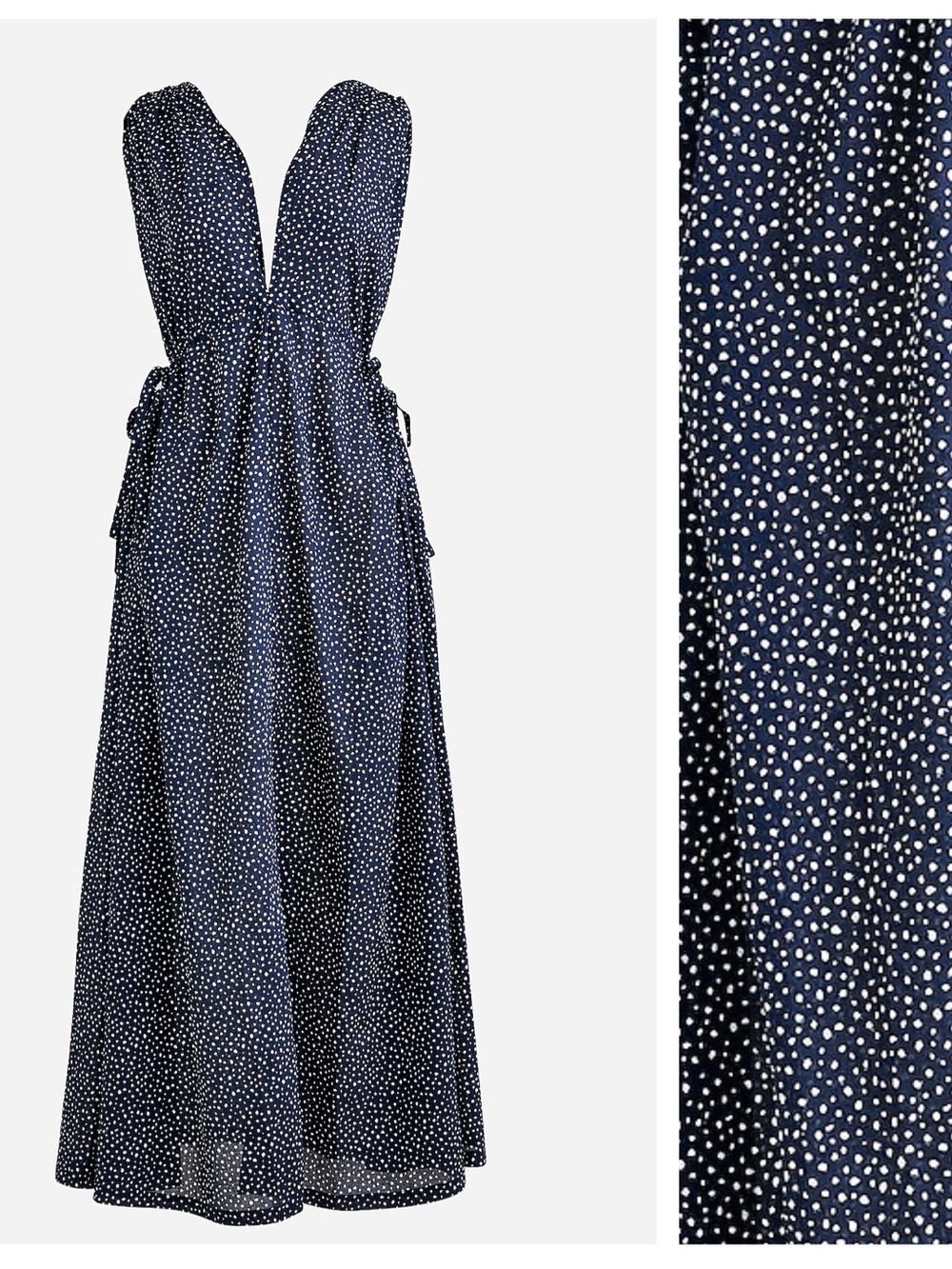 J. Crew Navy and White Polka Dot Deep V Maxi Dress with Side Ties